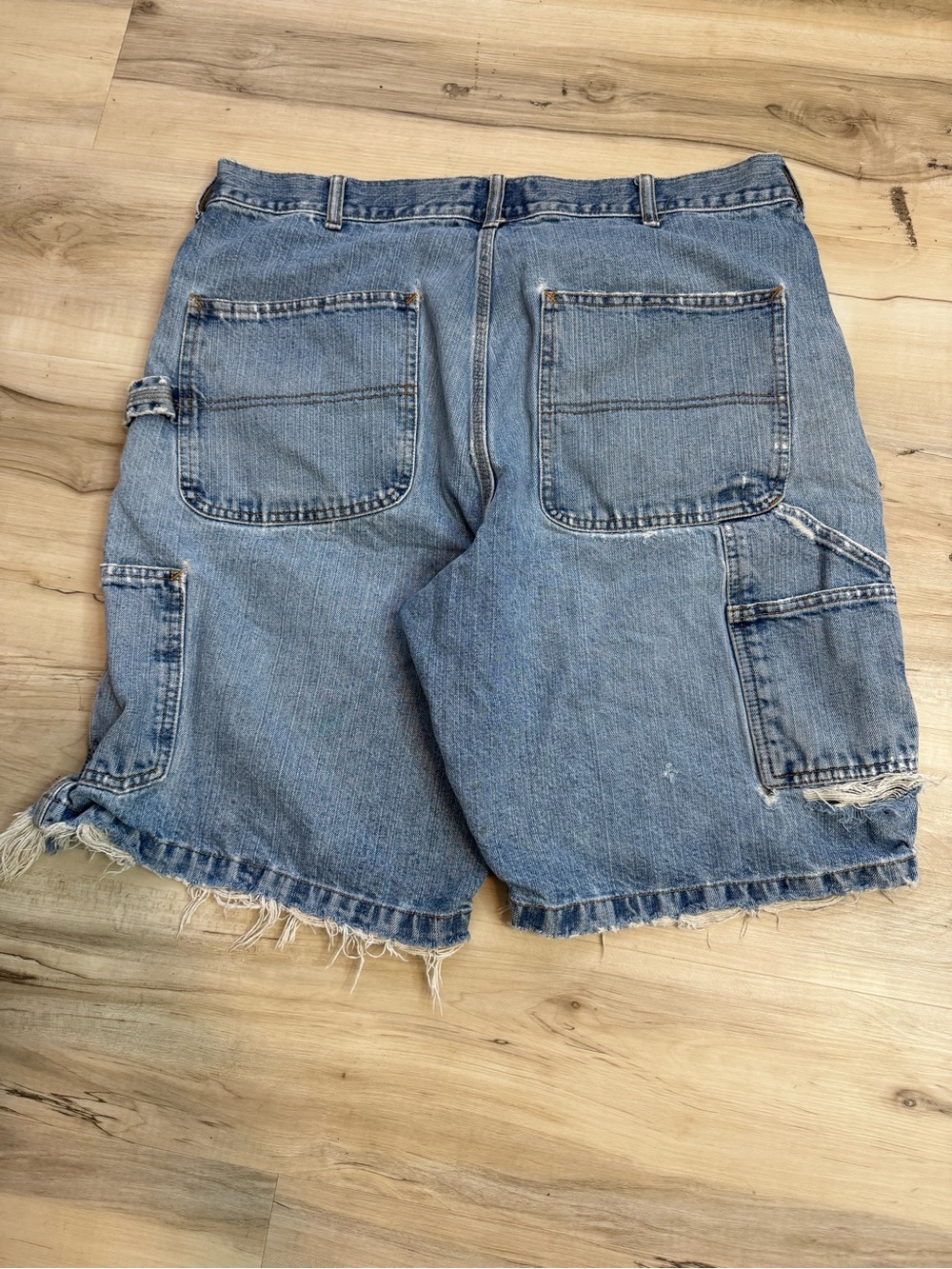 Route 66 Mens Y2K Distressed Light Blue Denim Cargo Carpenter Shorts Size 38